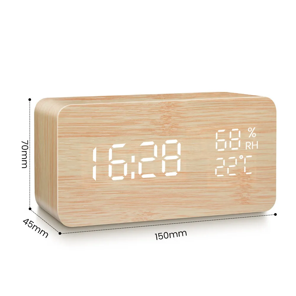 Alarm Clock LED Digital Wooden USB/AAA Powered Table Watch With Temperature Humidity Voice Control Snooze Electronic Desk Clocks