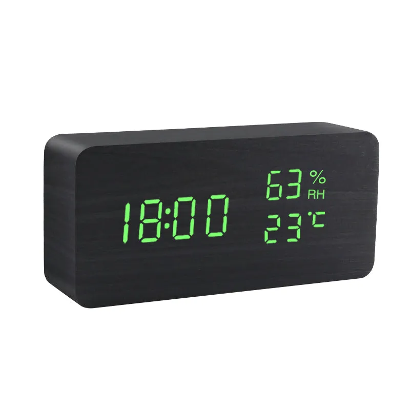 Alarm Clock LED Digital Wooden USB/AAA Powered Table Watch With Temperature Humidity Voice Control Snooze Electronic Desk Clocks