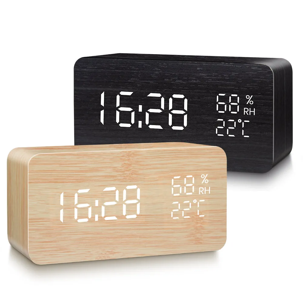 Alarm Clock LED Digital Wooden USB/AAA Powered Table Watch With Temperature Humidity Voice Control Snooze Electronic Desk Clocks