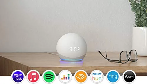 All-new Echo Dot (4th generation) with clock, Glacier White   Philips Hue White Smart Bulb Twin Pack LED (B22) | Bluetooth & ZigBee compatible (no hub required)