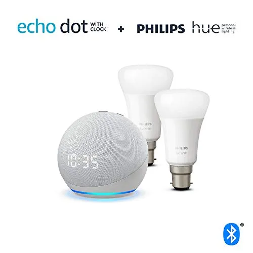 All-new Echo Dot (4th generation) with clock, Glacier White   Philips Hue White Smart Bulb Twin Pack LED (B22) | Bluetooth & ZigBee compatible (no hub required)