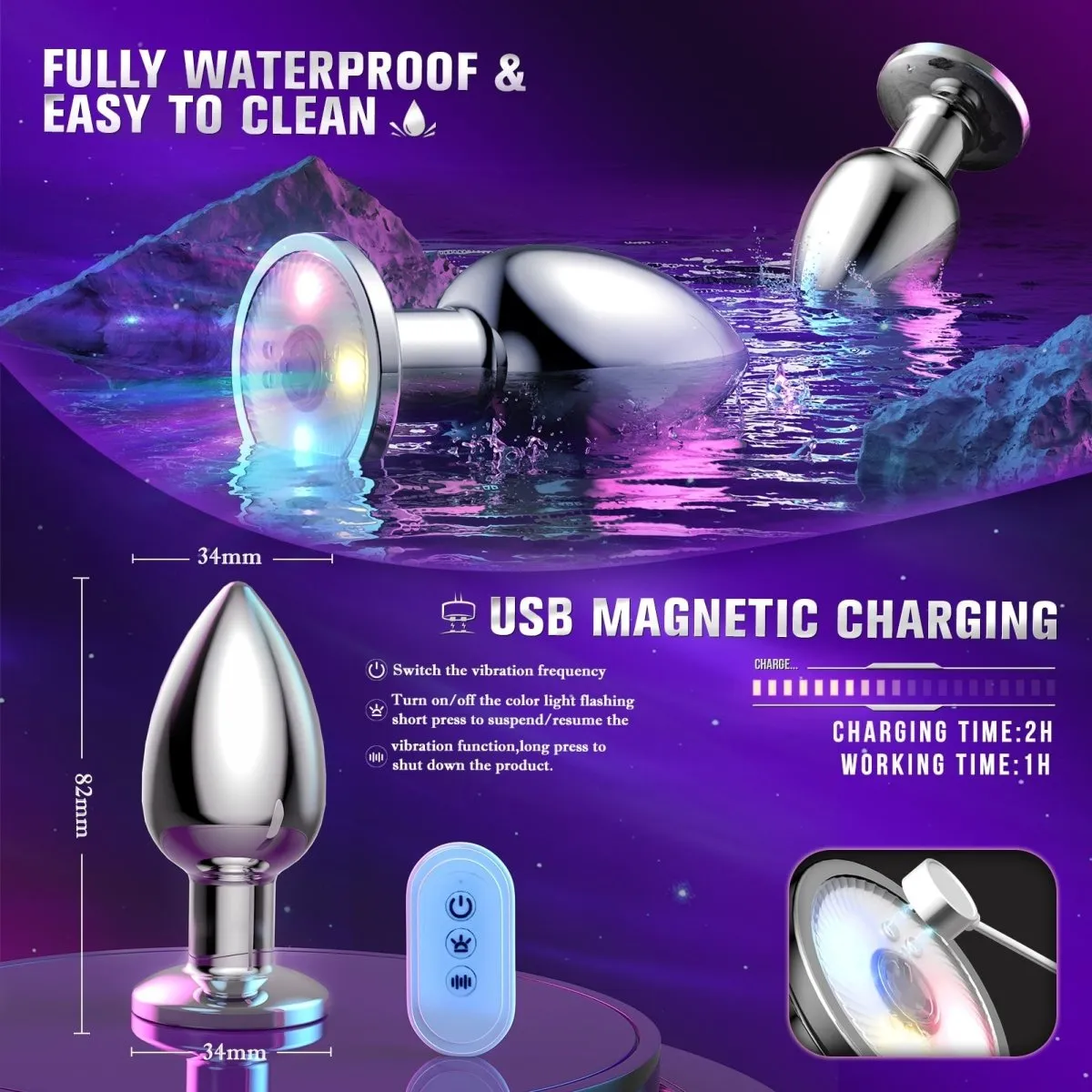 Anal Vibrator Sex Toy Butt Plug with Flashing Light Base