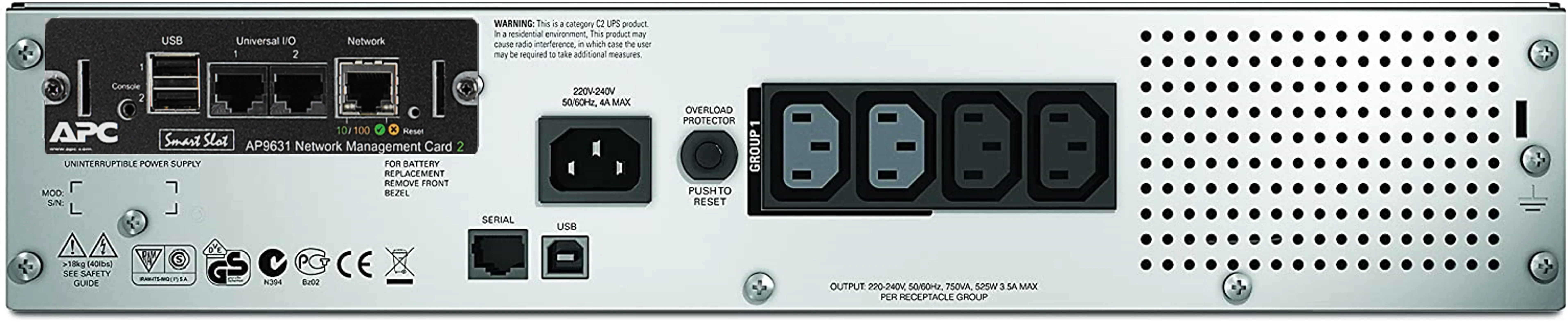 Apc Smart-Ups 750Va Lcd Rm - Ups (Rack-Mountable) - Ac 230 V - 500 Watt - 750 Va - Ethernet, Rs-232, Usb - Output Connec