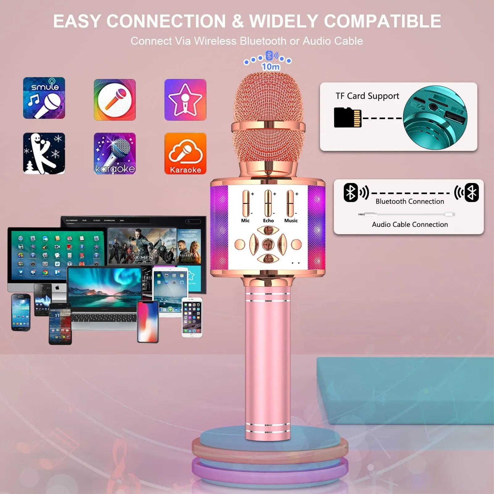 BONAOK Karaoke Microphone For Kids Adults, Wireless Bluetooth Microphone for Singing, Portable Karaoke Machine Handheld with LED Lights, Gift for Teens Girl Boys Adults Birthday Party(Rose Gold)