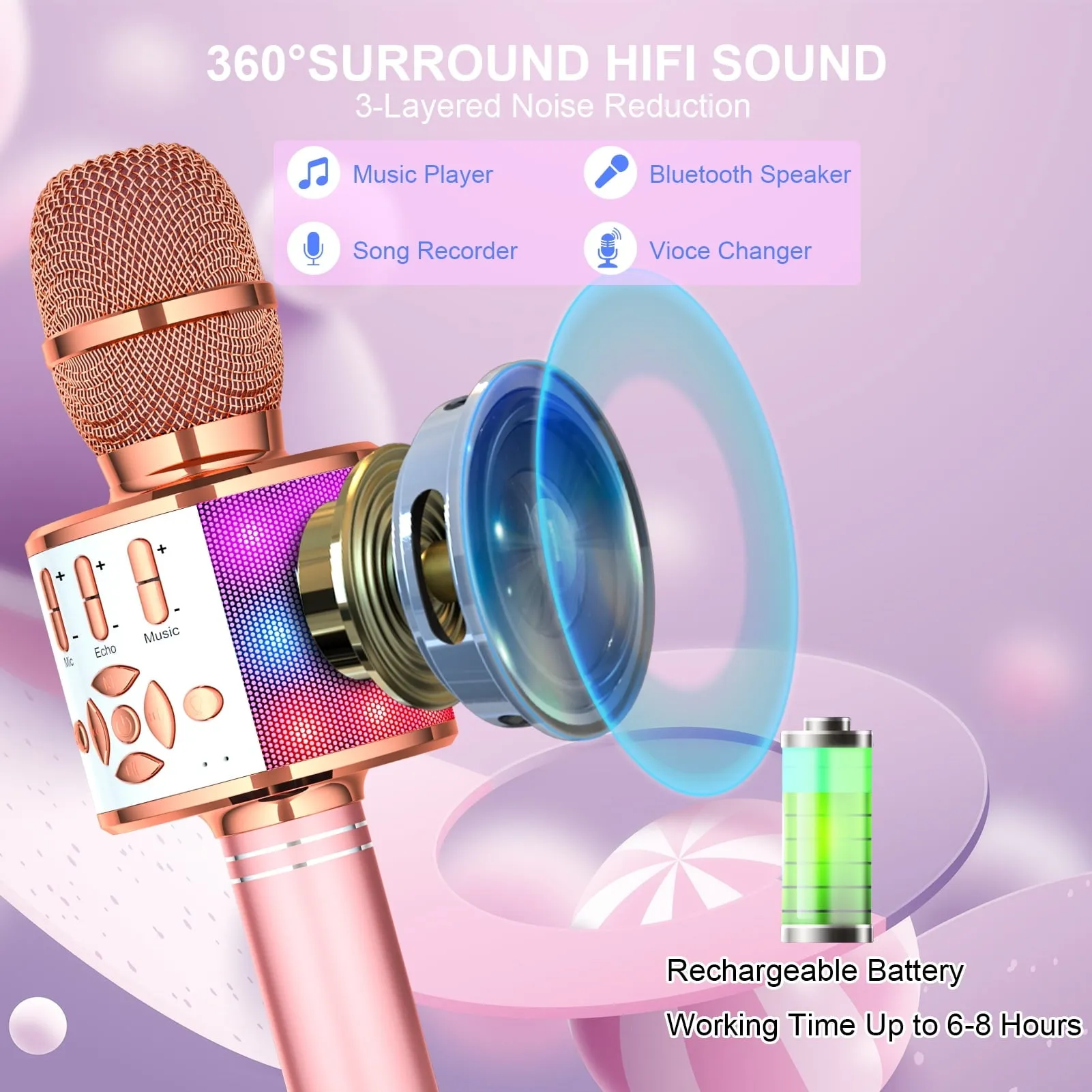 BONAOK Karaoke Microphone For Kids Adults, Wireless Bluetooth Microphone for Singing, Portable Karaoke Machine Handheld with LED Lights, Gift for Teens Girl Boys Adults Birthday Party(Rose Gold)