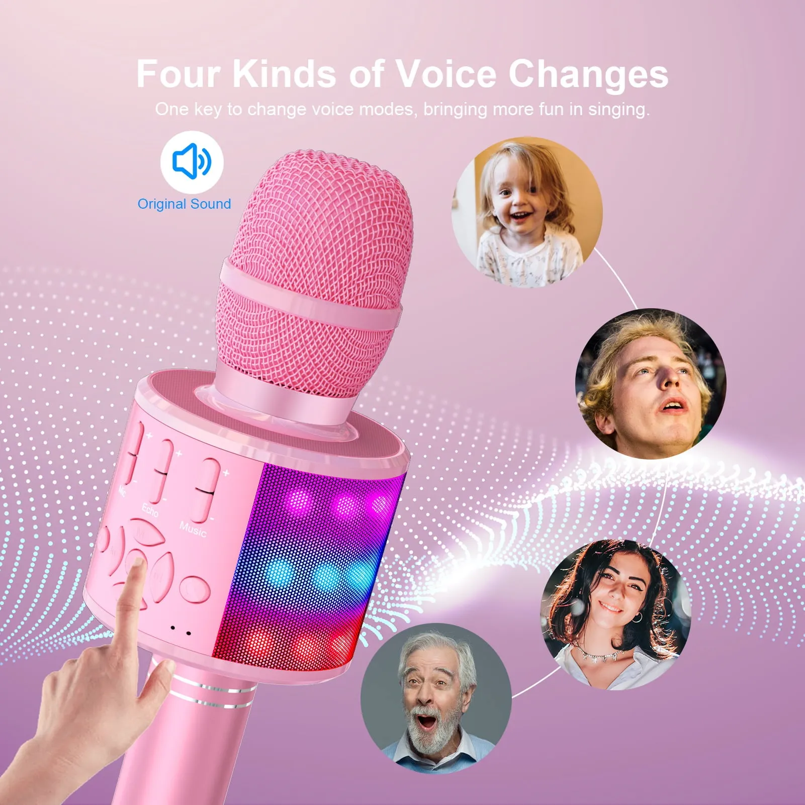 BONAOK Karaoke Microphone For Kids Adults, Wireless Bluetooth Microphone for Singing, Portable Karaoke Machine Handheld with LED Lights, Gift for Teens Girl Boys Adults Birthday Party(Rose Gold)