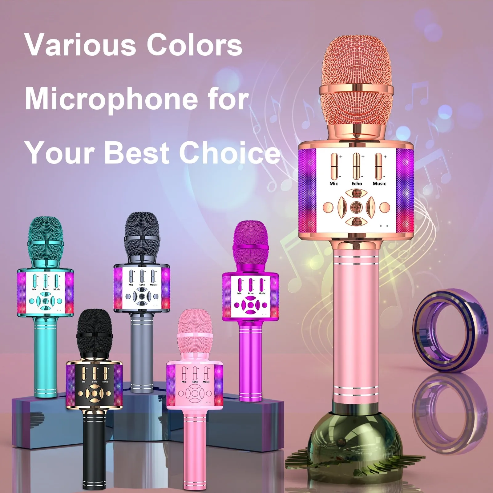 BONAOK Karaoke Microphone For Kids Adults, Wireless Bluetooth Microphone for Singing, Portable Karaoke Machine Handheld with LED Lights, Gift for Teens Girl Boys Adults Birthday Party(Rose Gold)