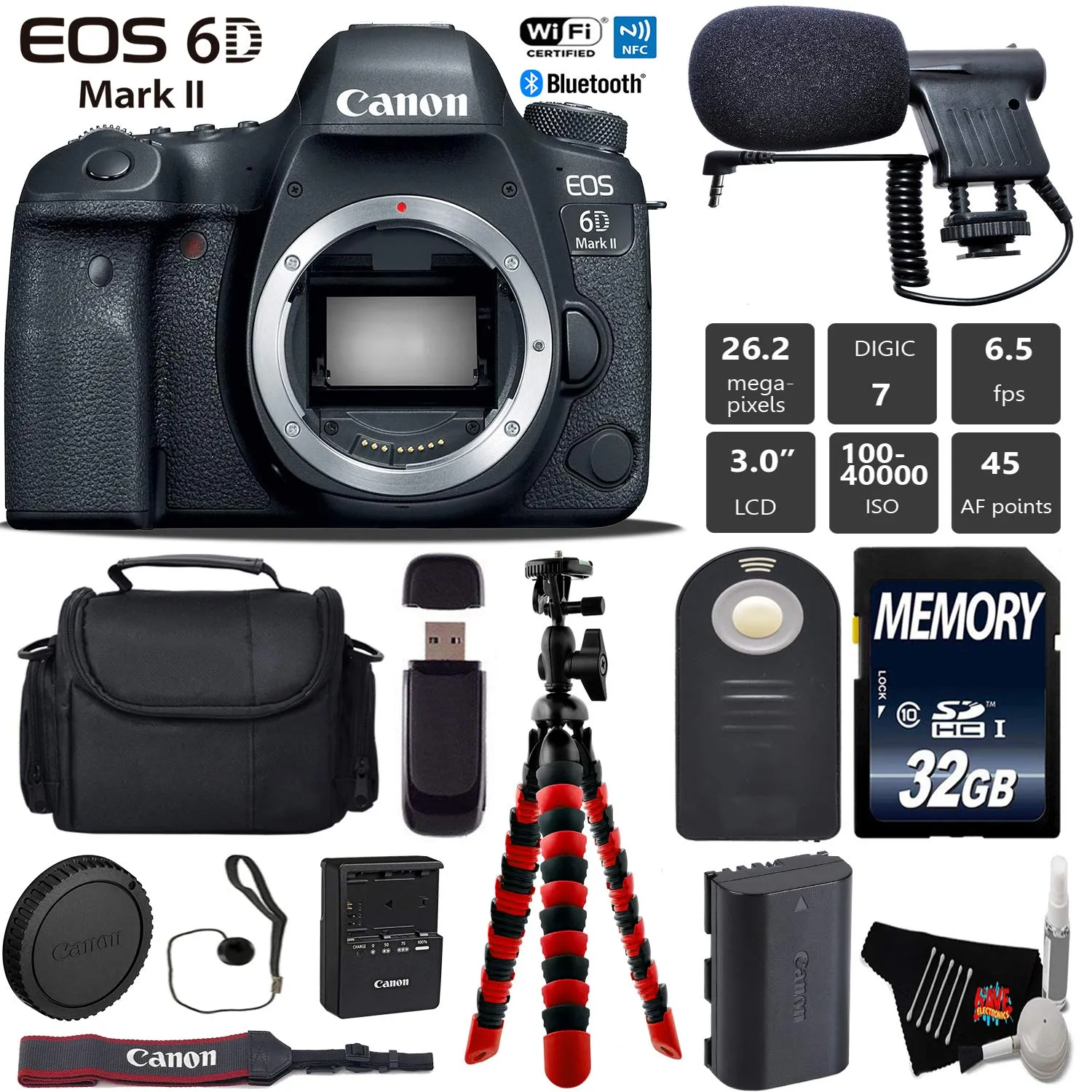 Canon EOS 6D Mark II DSLR Camera (Body Only)   Wireless Remote   Condenser Microphone   Case   Wrist Strap   Tripod Starter Bundle