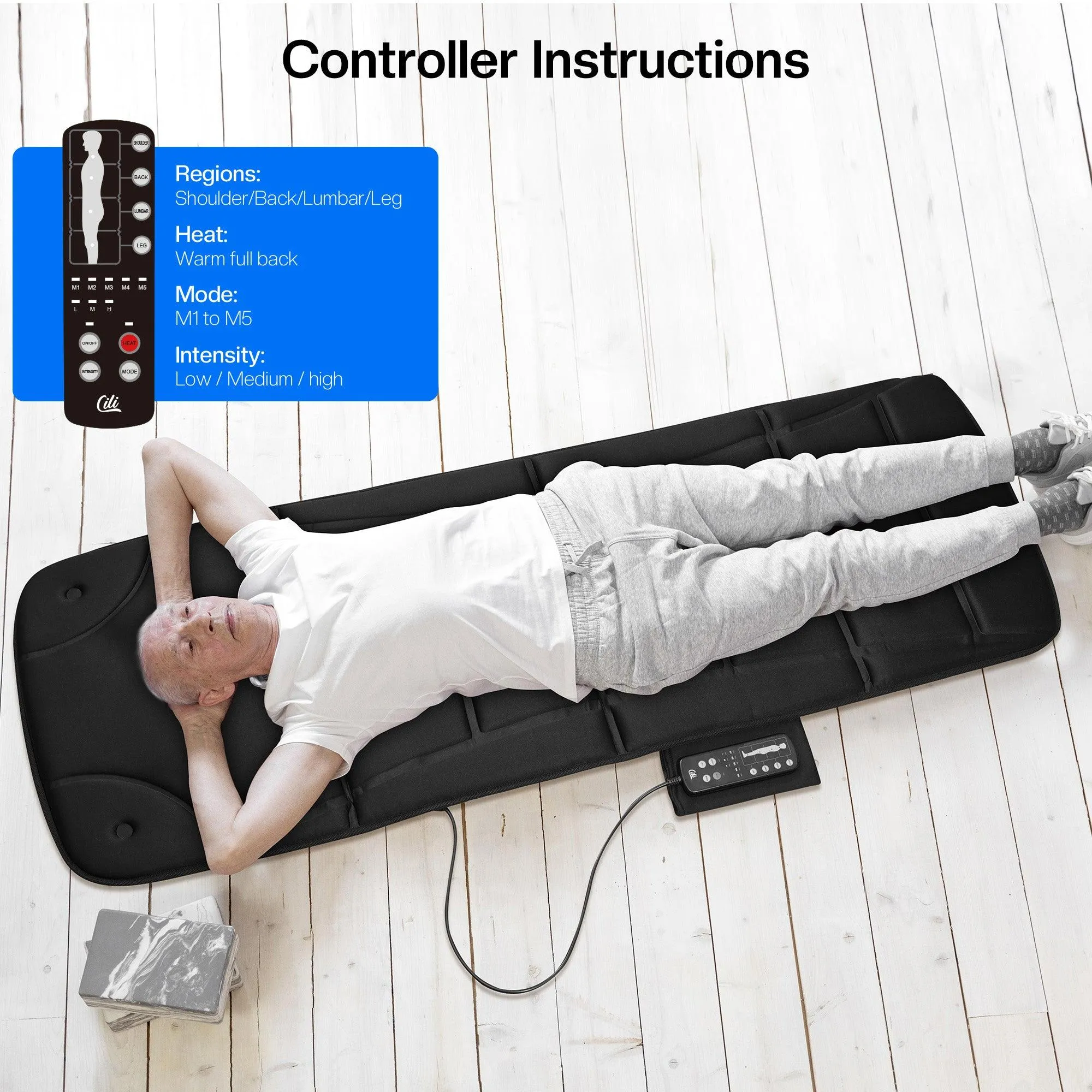 CILI Full Body Massage Mat 10 Vibration Massage Motors with Heating for Back, Shoulder, Leg, Gifts for Men Women, Mom Dad, Black-CL-3701