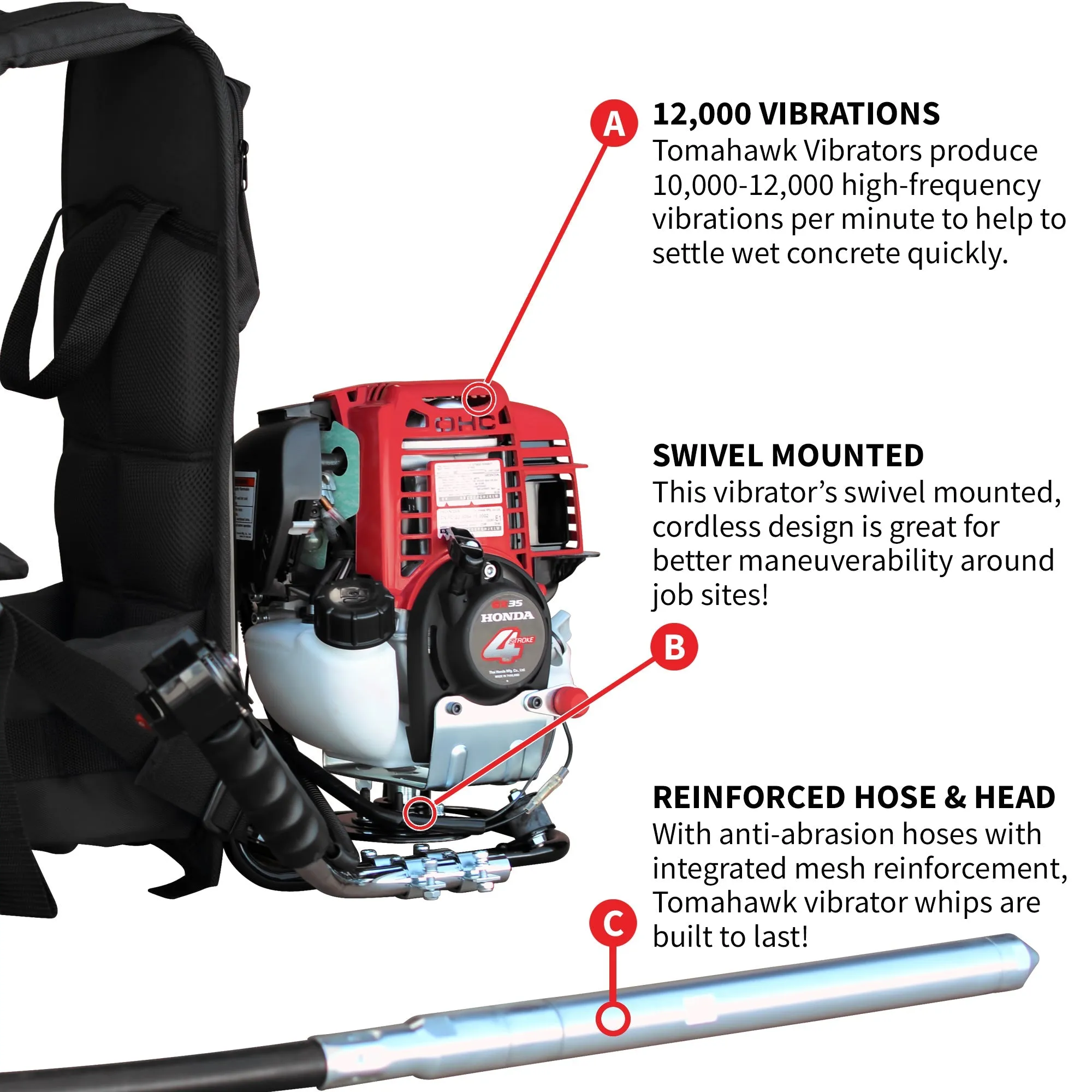 Factory Reconditioned 2HP Honda Concrete Vibrator with 10ft Flex Shaft Cable Whip Backpack