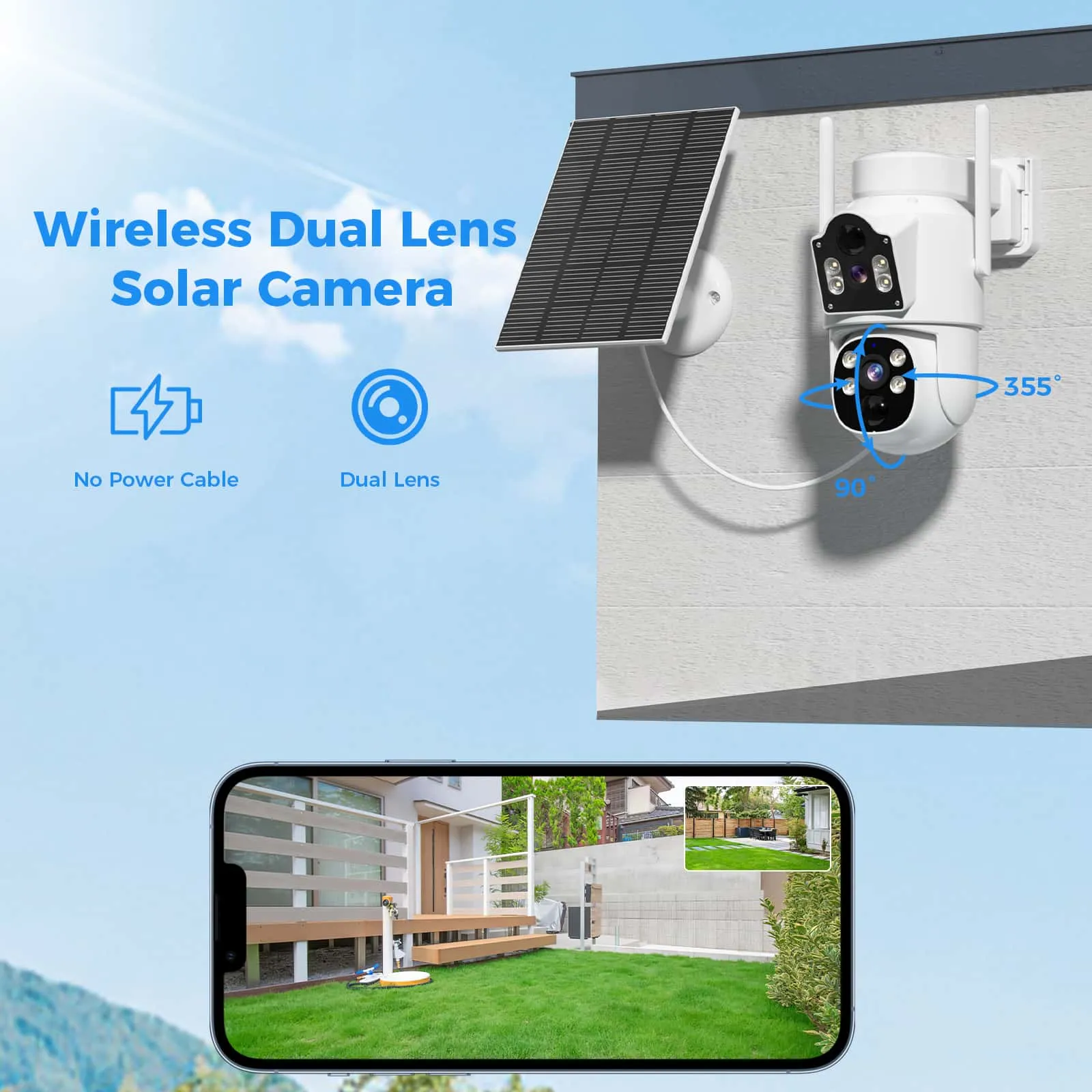 Hiseeu Dual Lens Wireless Solar Camera, 4MP WiFi Security Camera, PTZ 360°, Auto-Tracking, PIR Motion Detection, Color Night Vision, IP66, 2-Way Audio, 2.4G WiFi, No Monthly Fee, Not Work with NVR