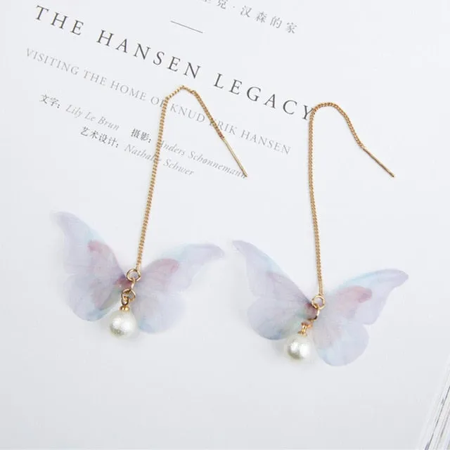 Korean Retro Asymmetric Butterfly Imitation Pearl Earrings Fashion Round Flower Brincos Long Statement Wings Earrings Jewelry