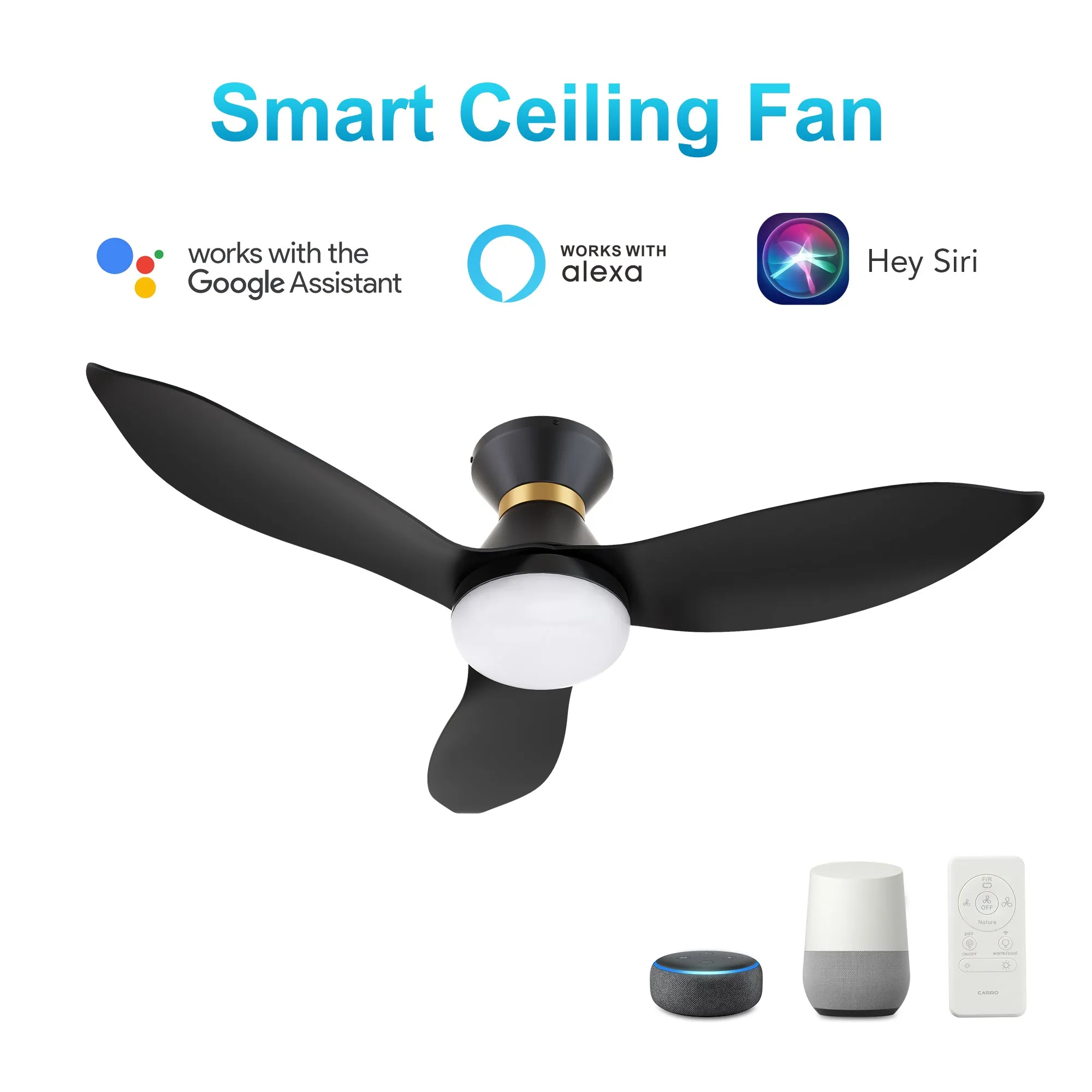 RYATT 45 inch 3-Blade Flush Mount Smart Ceiling Fan with LED Light Kit & Remote- Black/Black (Gold Detail)